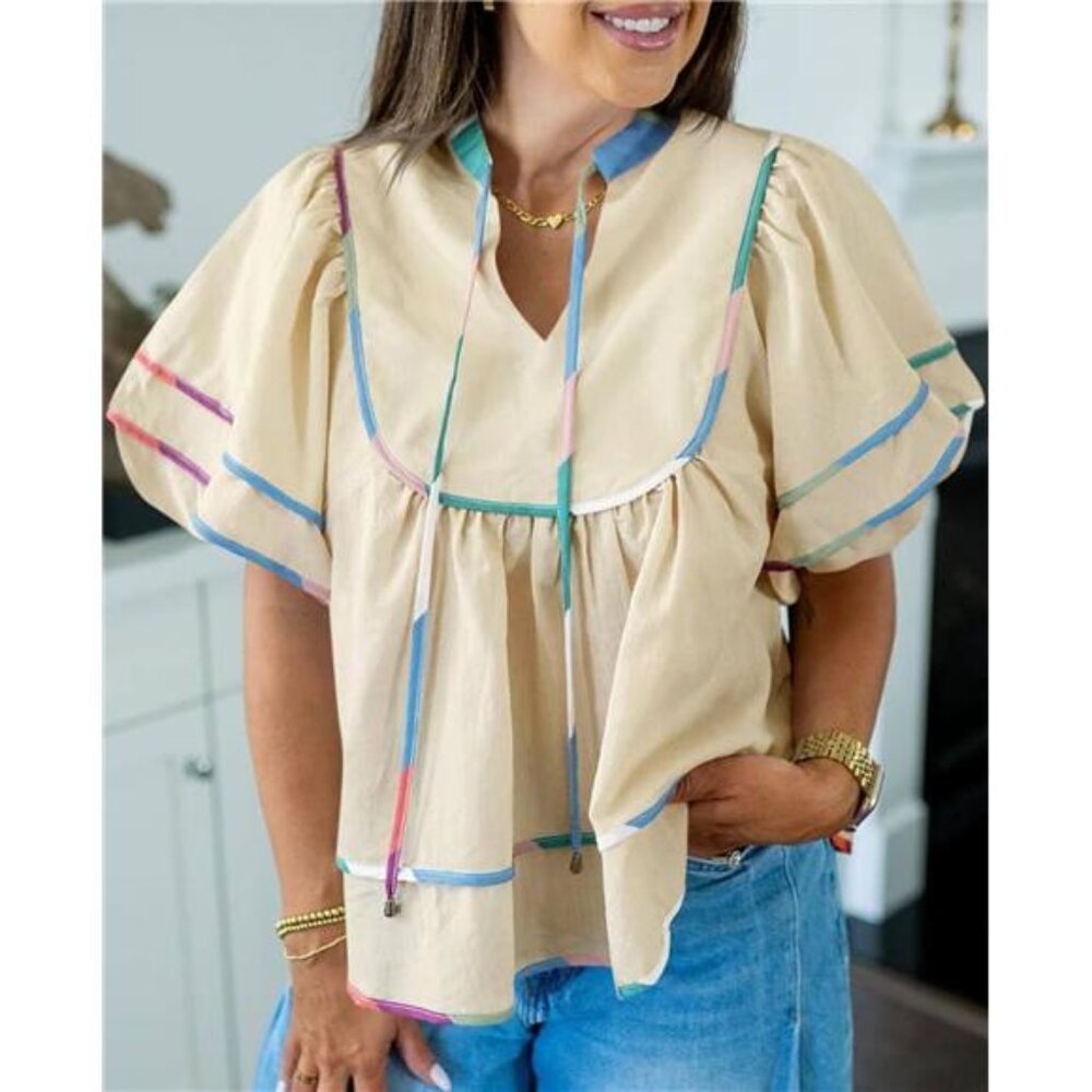 🌸 Women’s Babydoll Top – V-Neck Lantern Sleeve Peplum Blouse